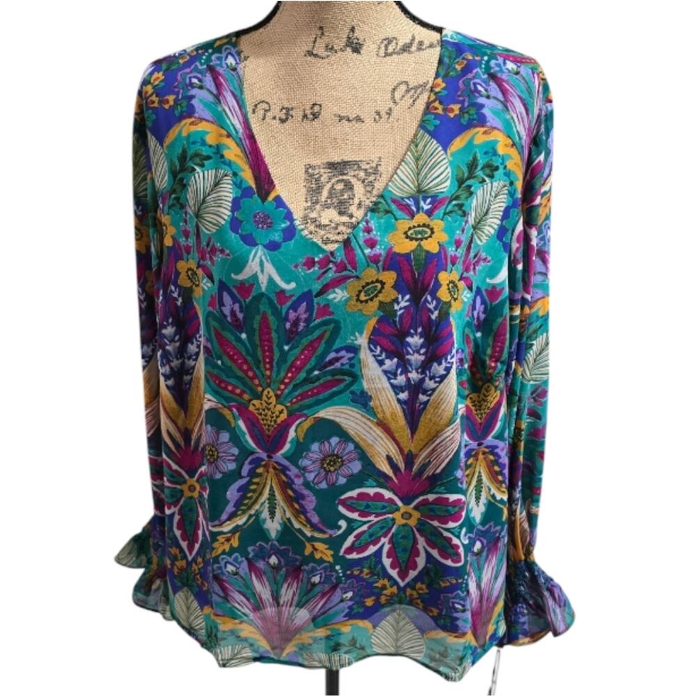Nicole Miller Floral V-Neck Women's Top Lantern Sleeve Multicolor Plus Size 3X